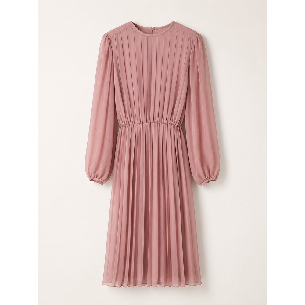 Vintage Jo Hanna York Joan Davis Pink Pleated Midi Dress Long Sleeve Dusty‎ Rose